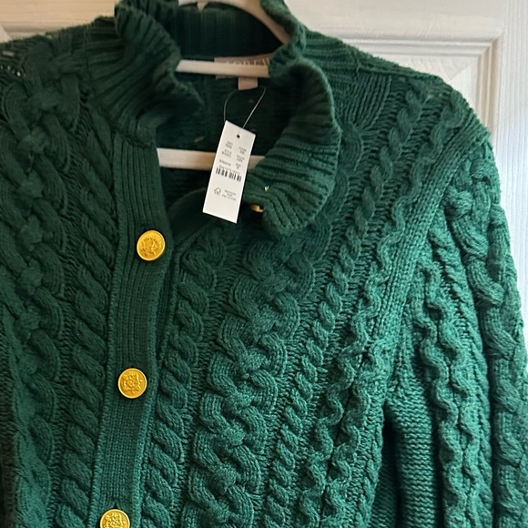 J. Crew Cable Knit Ruffleneck Cardigan Sweater in Emerald Green - Picture 7 of 7